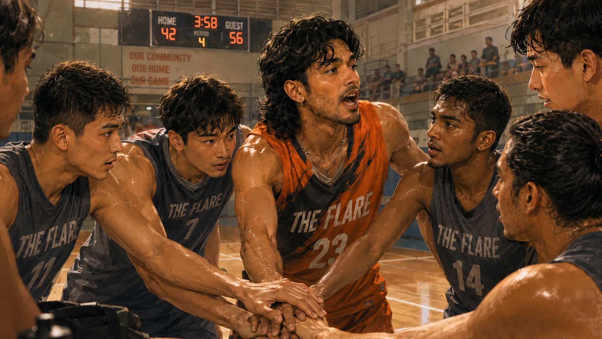 The Flare in a sweat-soaked team huddle with hands stacked in the middle, fourteen points down late in the fourth quarter