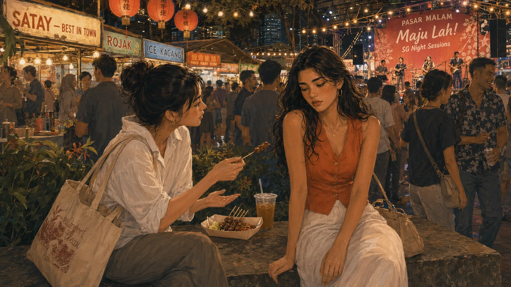 The Flash sitting out at a crowded night market with eyes down while a friend keeps talking