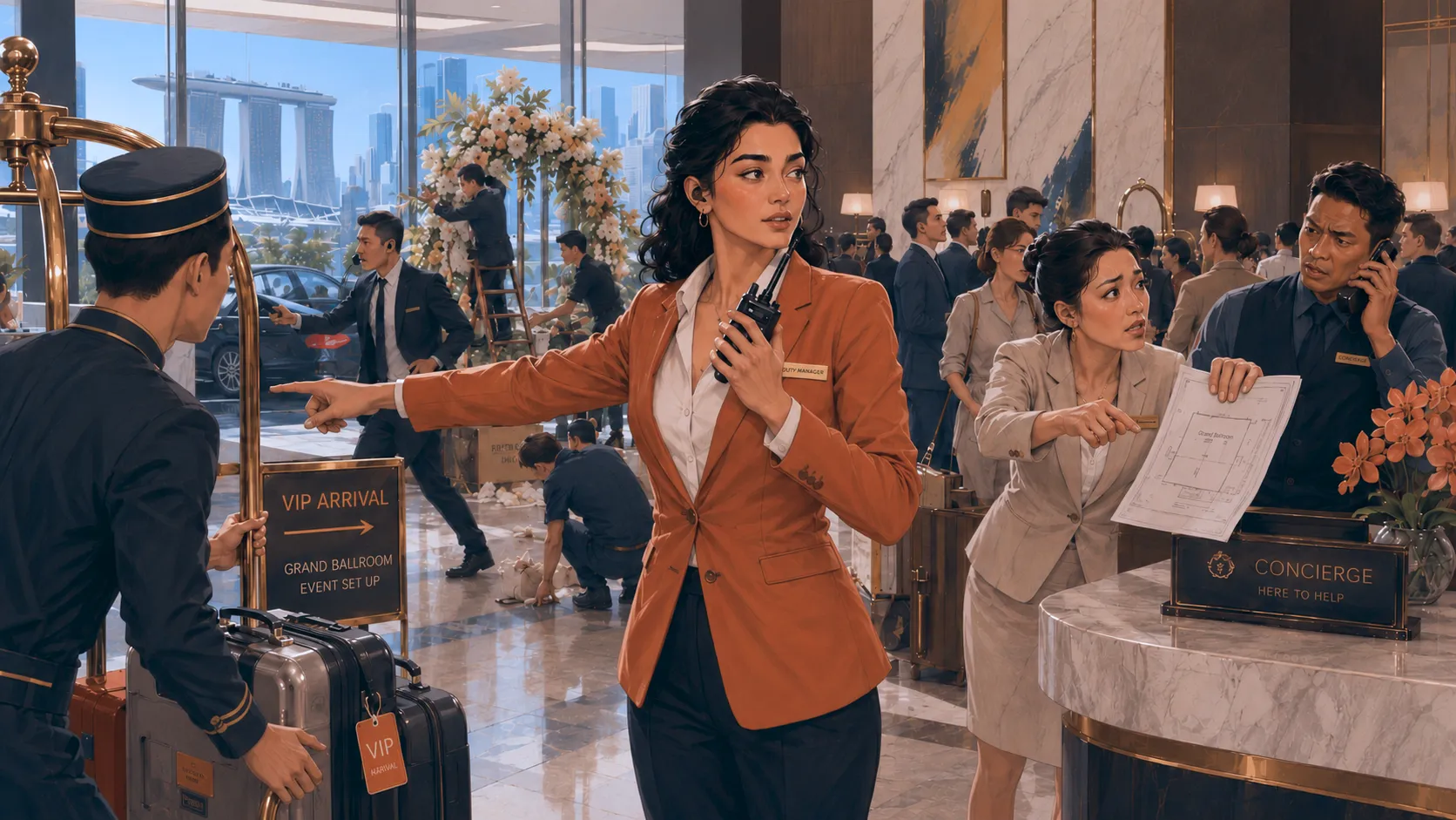 The Flash directing a bellhop with one outstretched arm while holding a radio, in a hotel lobby mid event set-up
