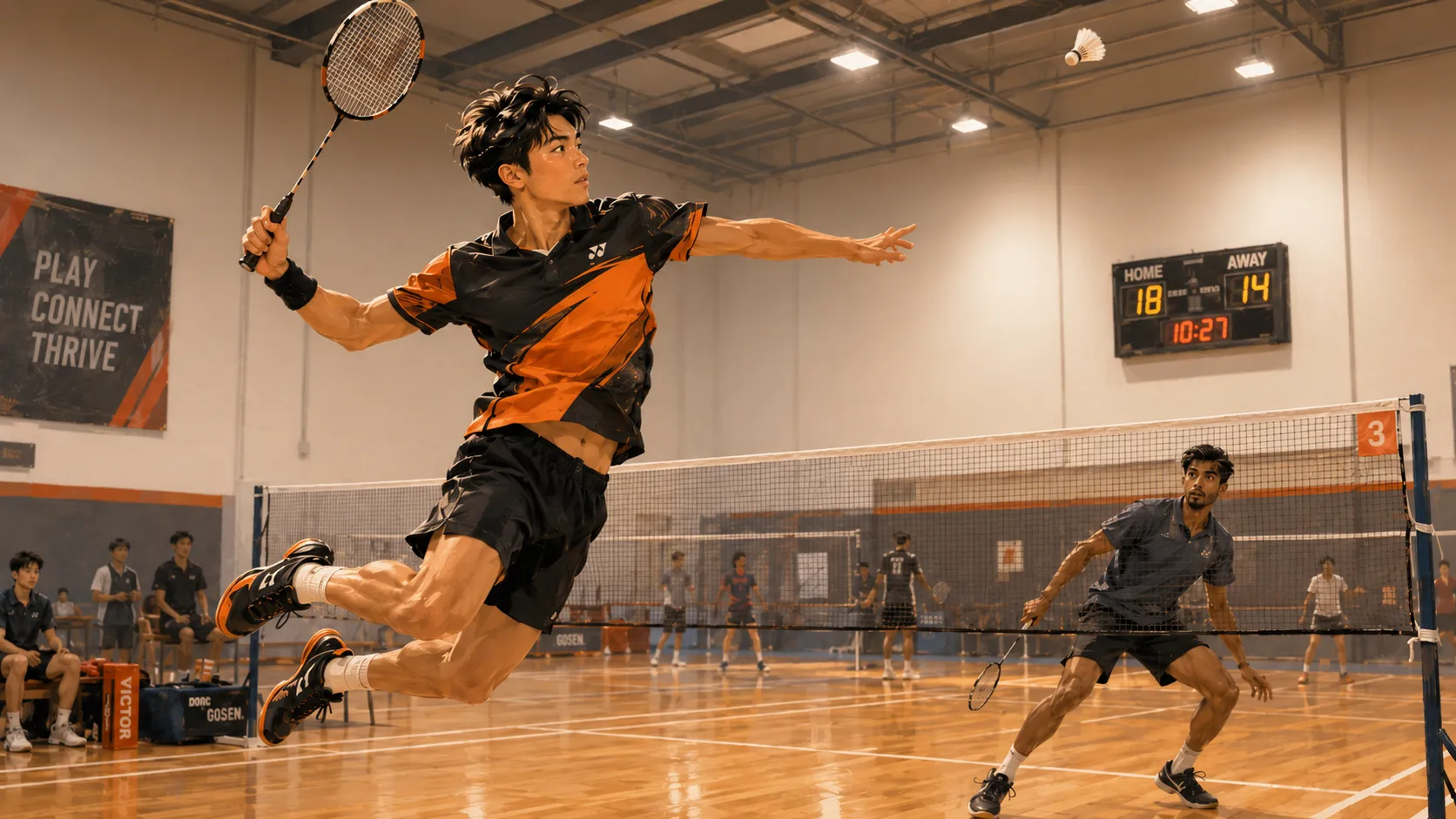 The Flash airborne over a badminton court with the racket back and the shuttle still dropping