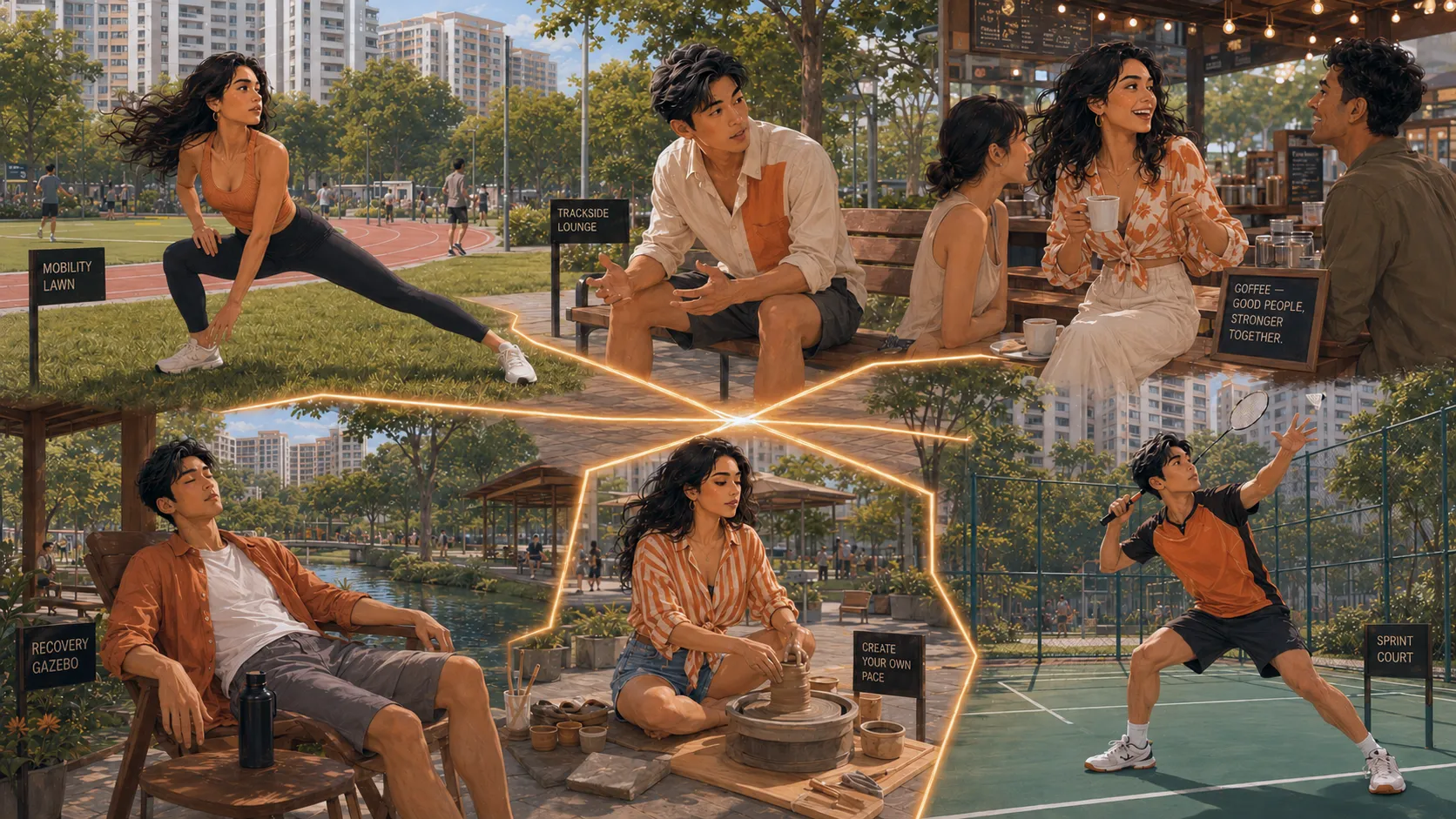 The Flash's week laid out as one park: a stretch on the lawn, a bench conversation, a coffee counter, a doze in the shade, a pottery wheel, and a badminton court