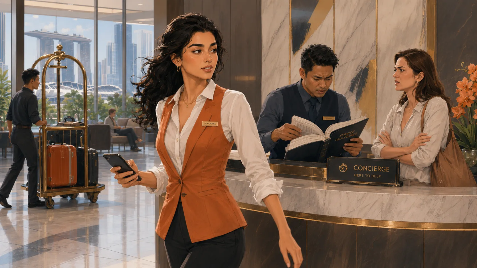 The Flash already turning away with a phone in hand while a colleague at the desk is still looking the answer up in a service manual