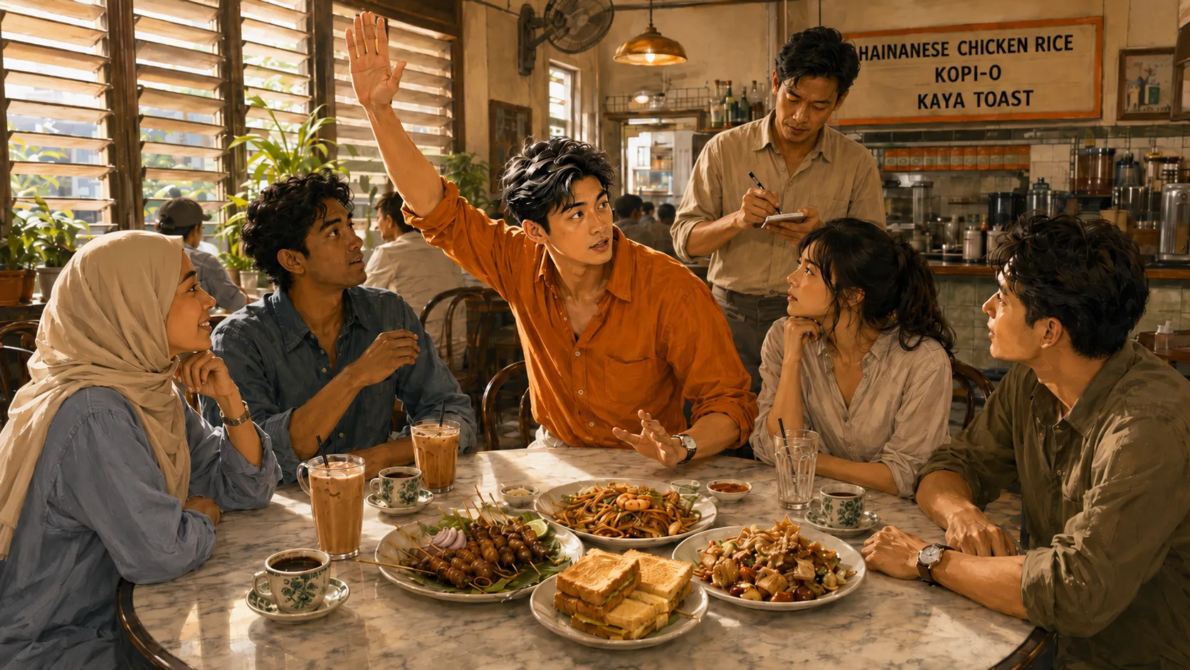 The Flash mid-sentence at a kopitiam table with one hand up for the server and four friends turned toward them
