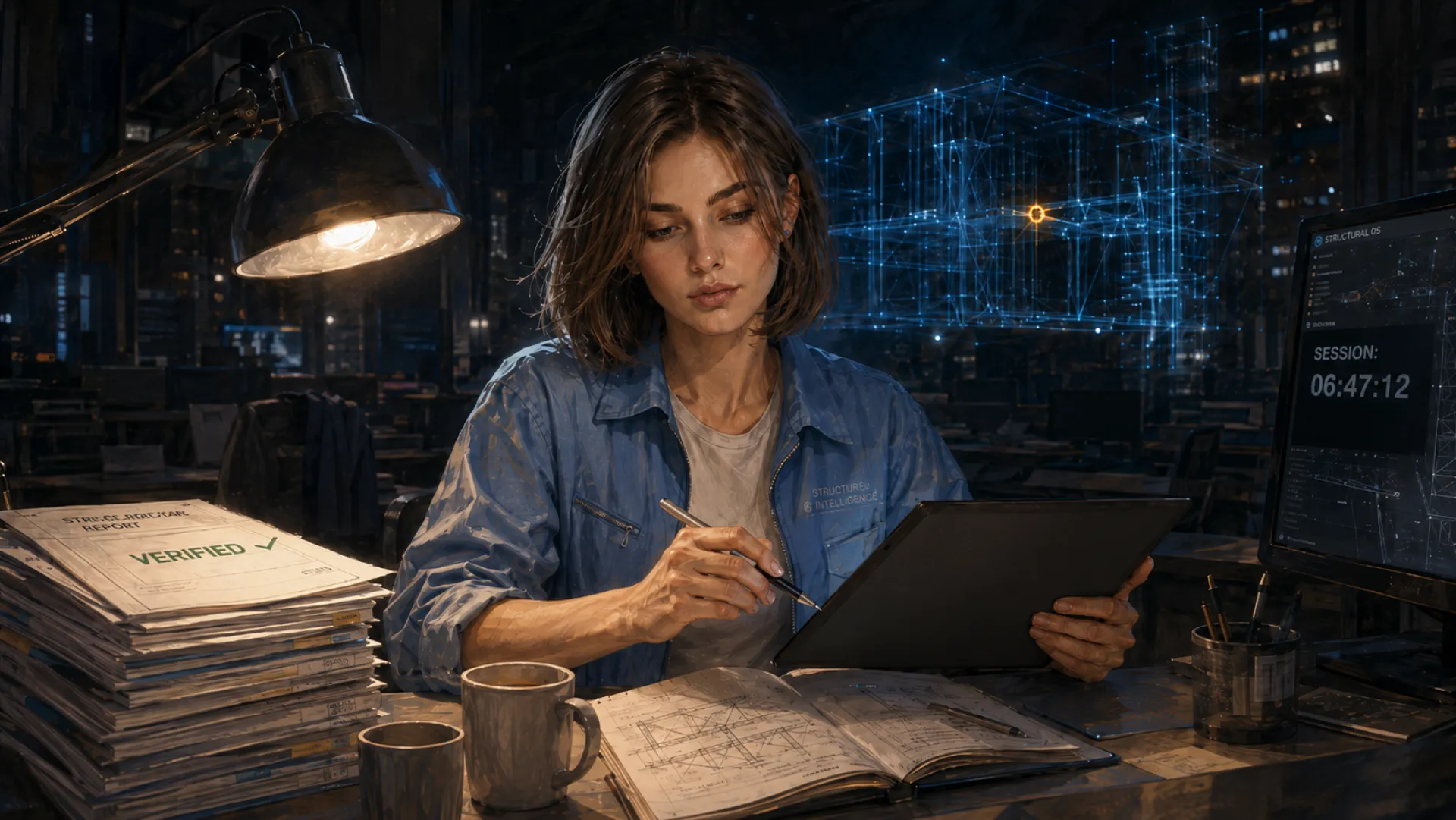 The Forge still marking up a tablet at a lit desk deep into a running session clock, a stack of reports already marked verified at one elbow