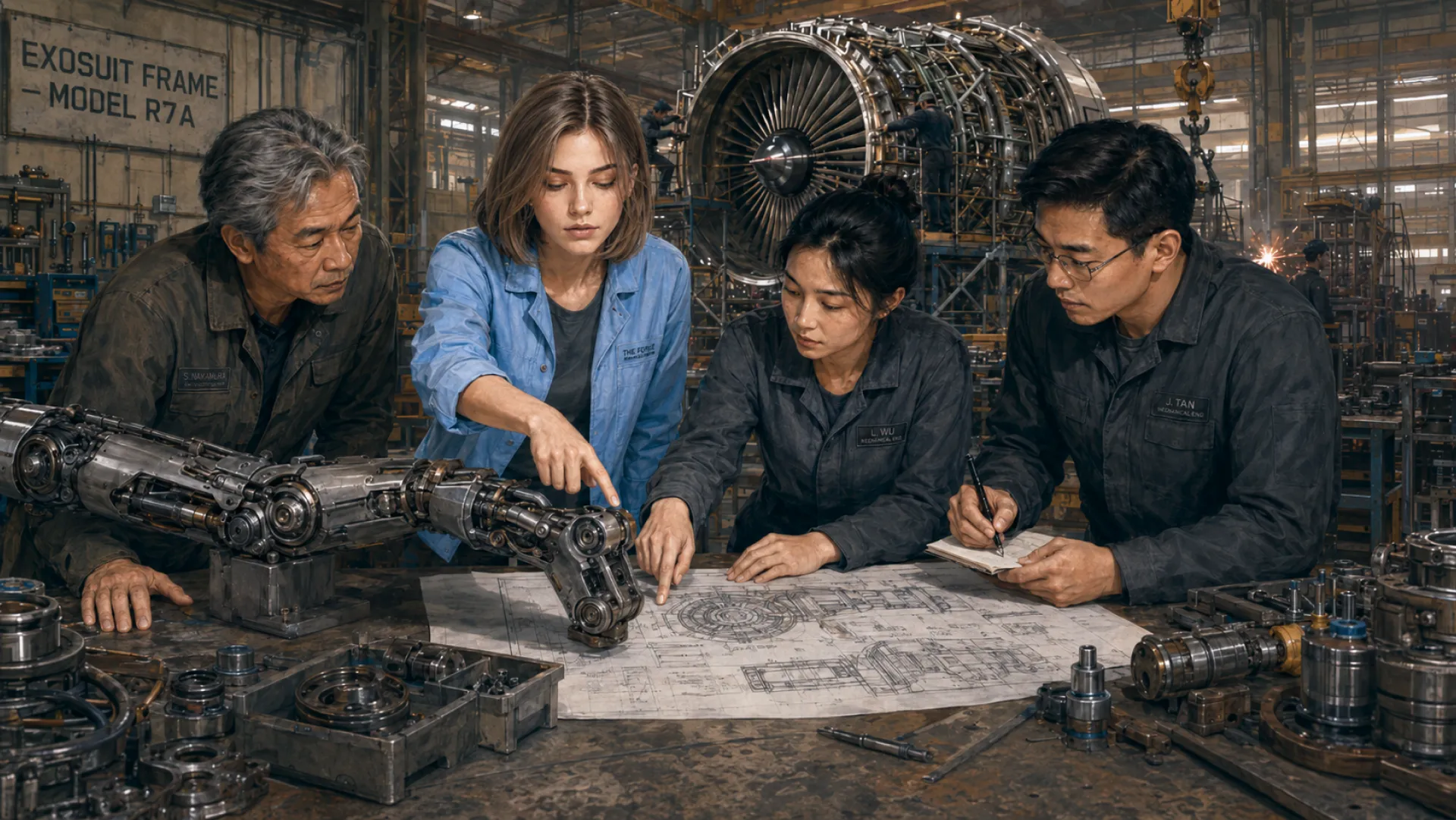 The Forge pointing to one detail on a drawing while three colleagues lean over a stripped exosuit arm laid out on the bench