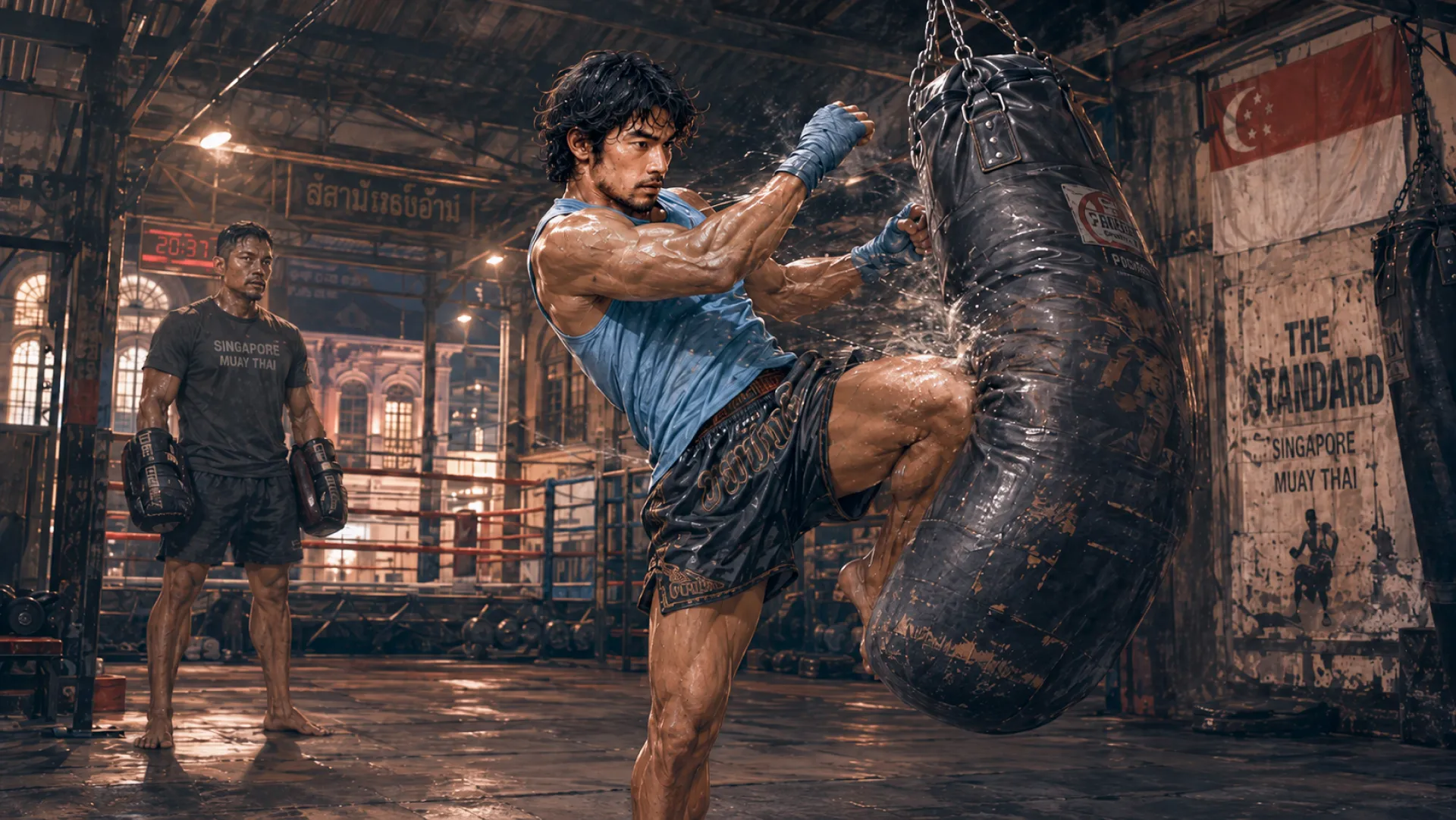 The Forge landing a kick into a heavy bag in a Muay Thai gym, a coach holding Thai pads waiting on the floor behind