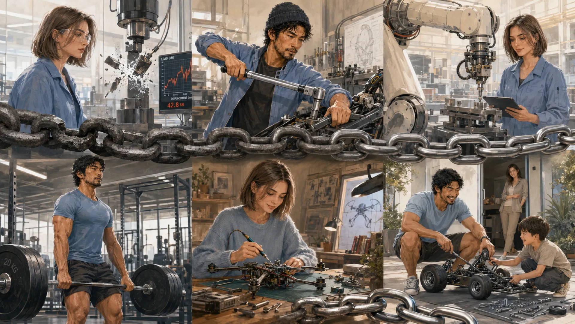 The Forge across six panels linked by a heavy chain: a load test taken to failure, a torque wrench on a frame, a robot arm checked against a tablet, a deadlift, a soldered drone frame, and a go-kart rebuilt alongside a child
