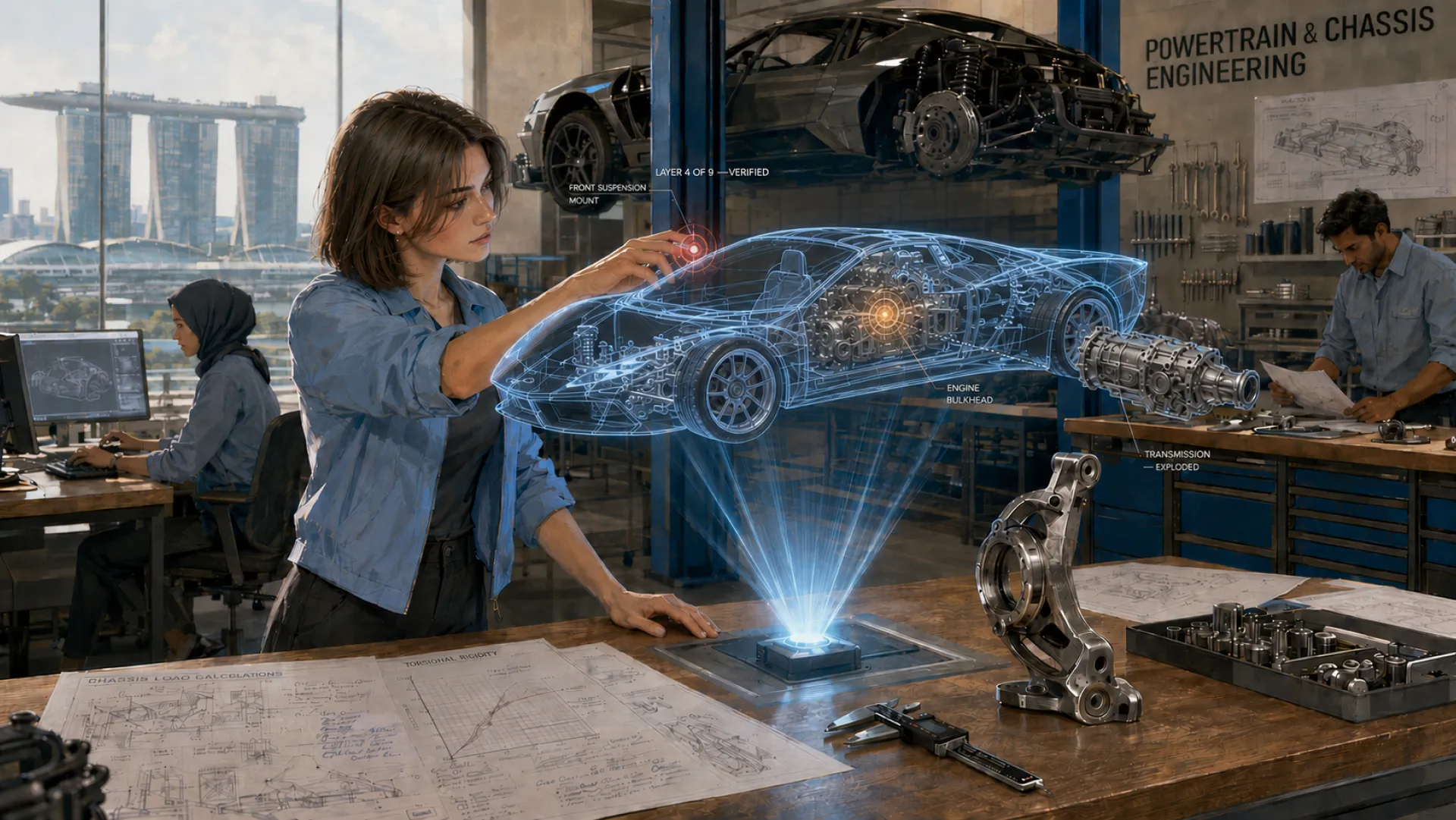 The Forge working through a projected car chassis one verified layer at a time, an exploded transmission floating at the end of the bench