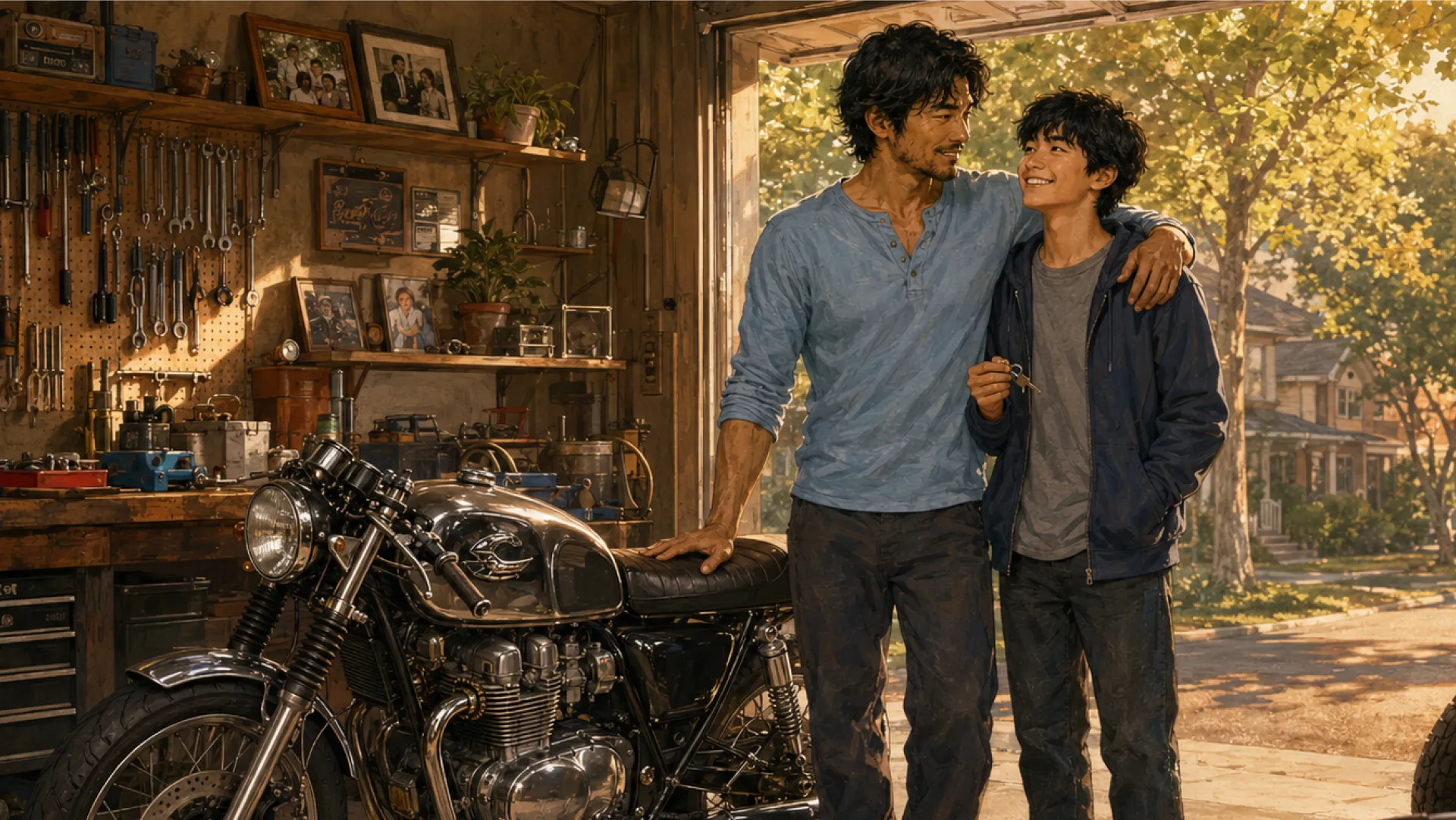 The Forge handing over the keys to a rebuilt motorcycle in a garage doorway, one arm around the person it was rebuilt for