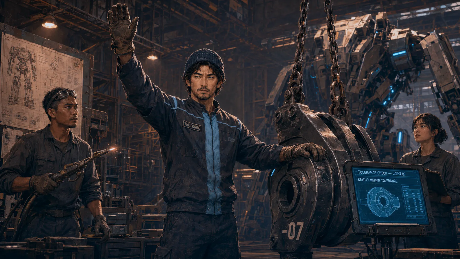 The Forge raising a hand to halt a crane lift, the other hand steadying the suspended joint while a tolerance check reads out beside it