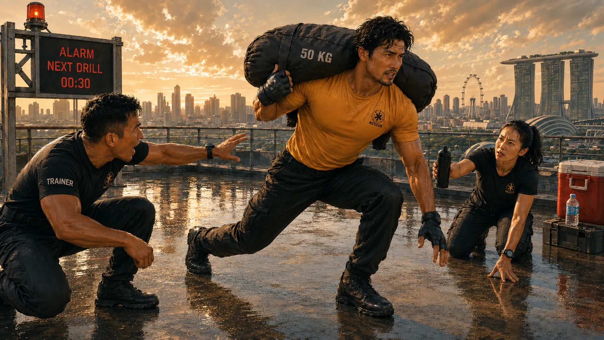 The Gladiator carrying a fifty-kilo sandbag across a wet rooftop deck, a trainer shouting alongside and a board behind them counting down to the next drill