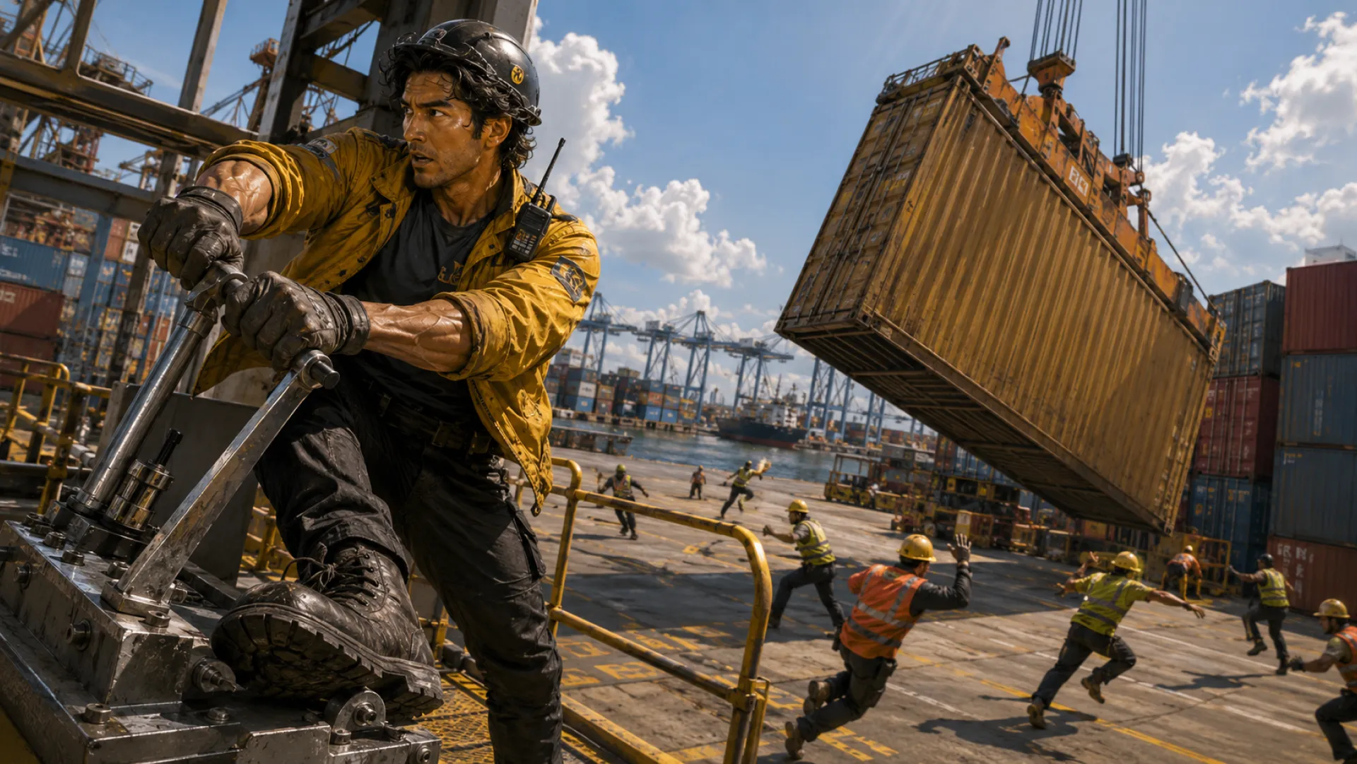 The Gladiator supervising a dock in a yellow jacket, working the controls on a container terminal, radio clipped to their chest, watching a container swing in on the crane