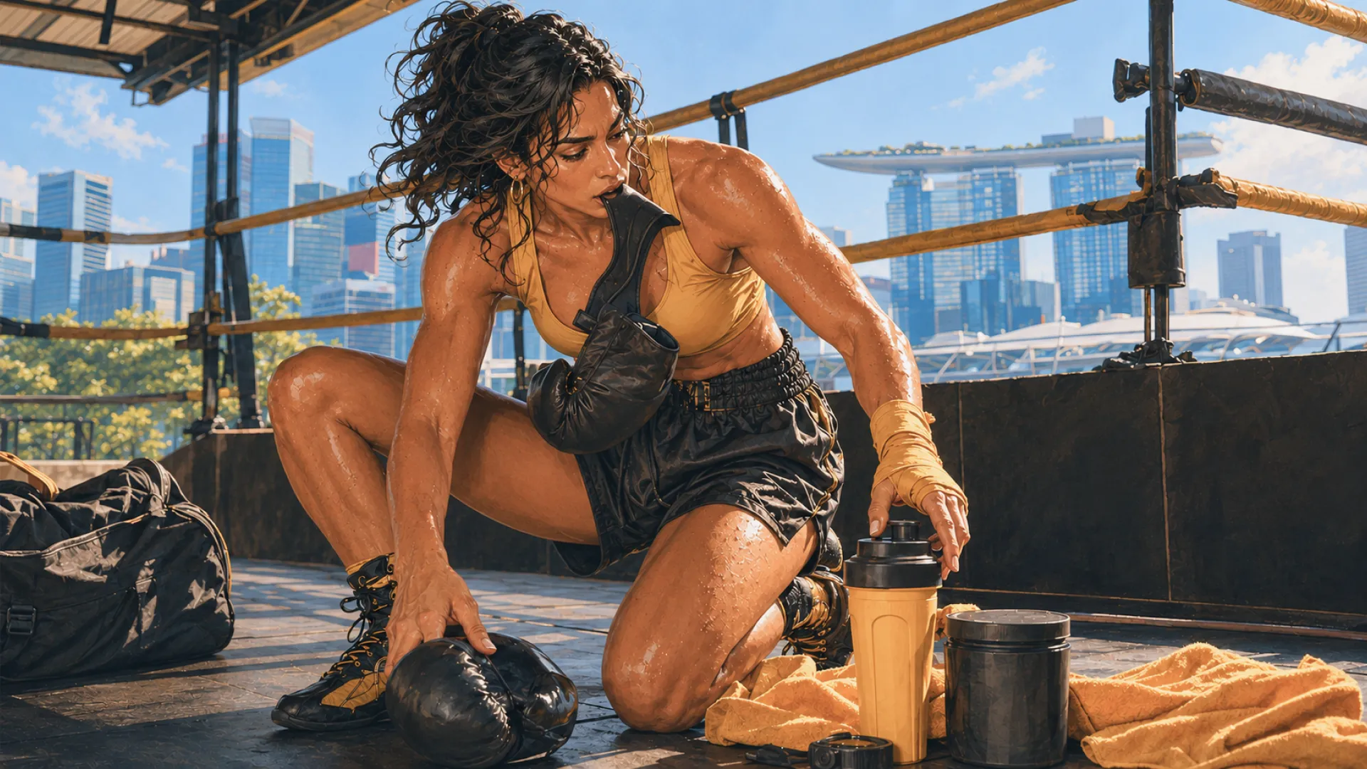 The Gladiator kneeling in the corner of an outdoor boxing ring between rounds, gloves off on the floor, reaching for a shaker bottle and a towel