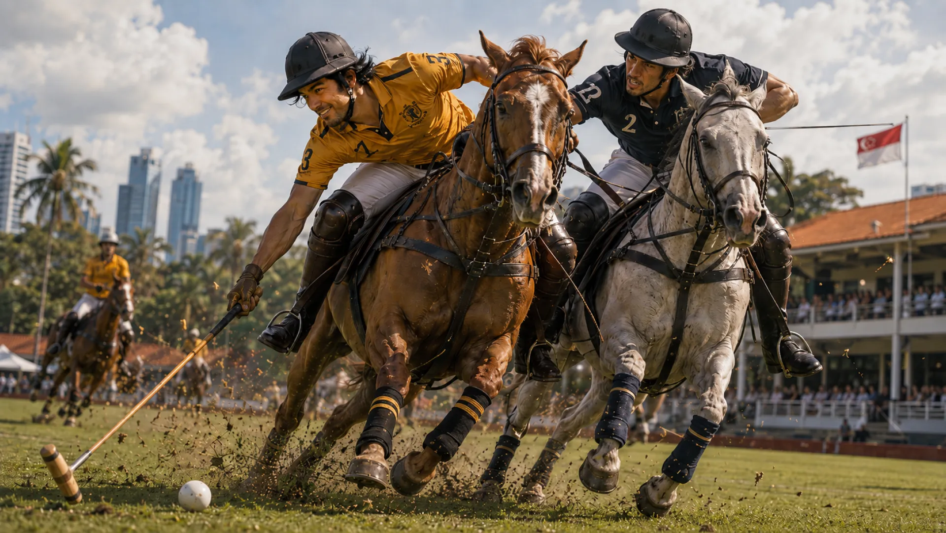 The Gladiator in yellow at full gallop alongside an opposing polo player, leaning out of the saddle to swing at the ball, turf flying up behind the horses
