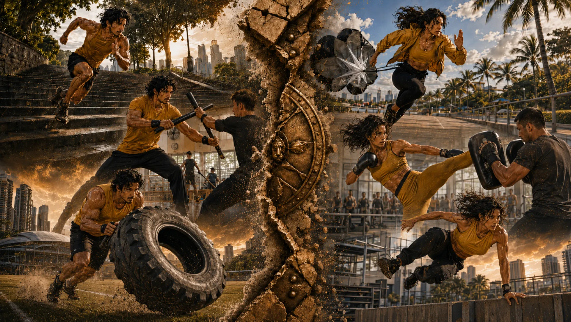 The Gladiator training in a montage around a cracked gold shield: sprinting up stadium steps, stick sparring, flipping a tractor tyre, and kicking pads held by a partner