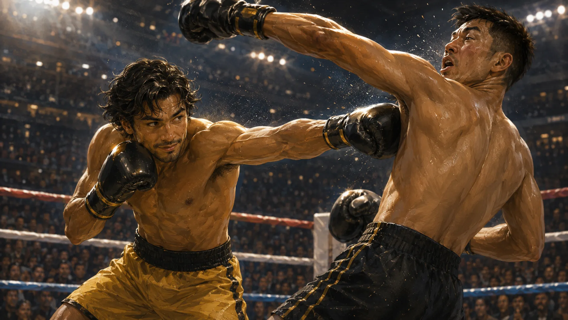 The Gladiator mid-exchange with another boxer under the lights of a packed arena, landing a straight right as sweat sprays off the other