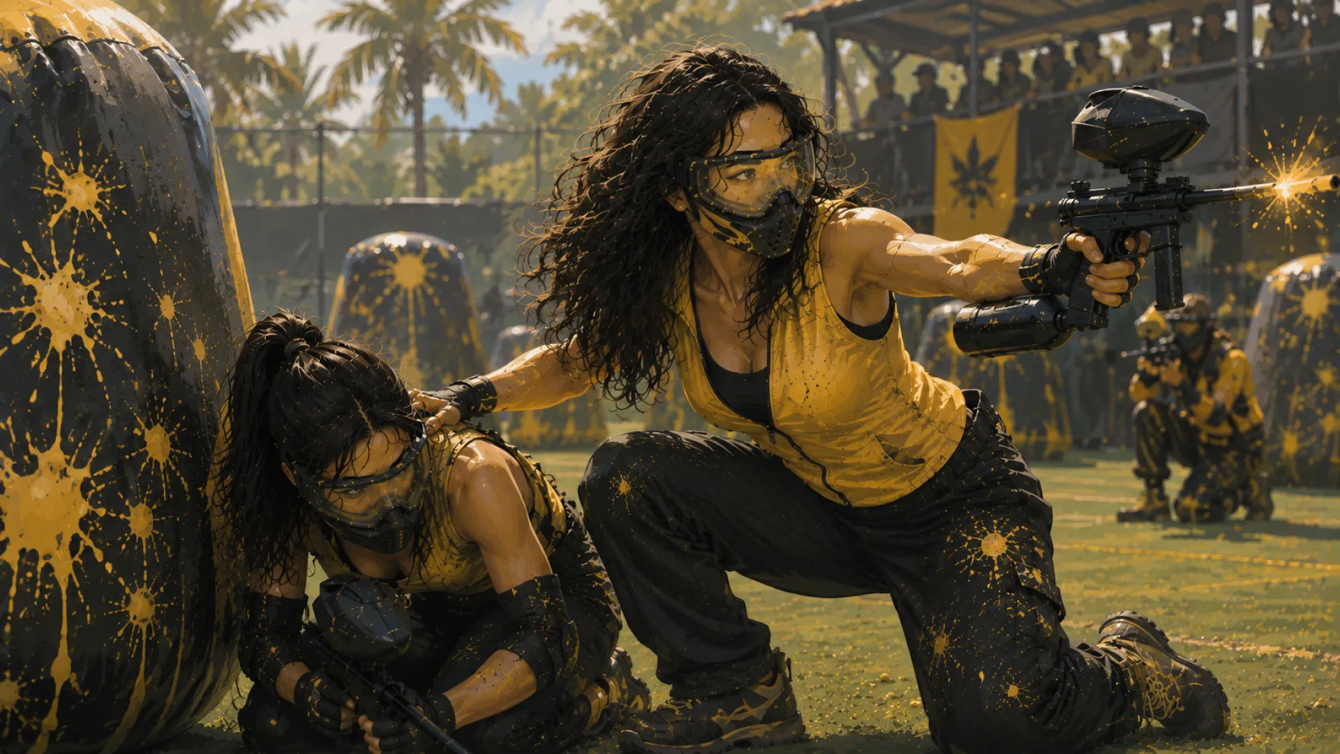The Gladiator behind a paintball bunker covered in yellow splatter, firing down the field while keeping a hand on a teammate's shoulder