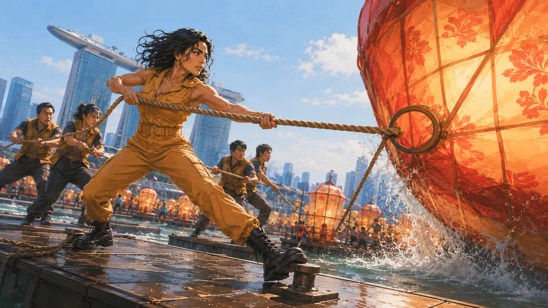 The Gladiator braced on a wet pier, hauling on a rope with the team behind, drawing a huge lantern float in through the water