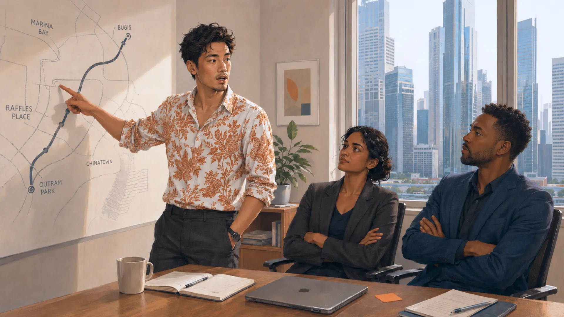 The Guide pointing out a route on a wall map while two seated colleagues sit back with folded arms