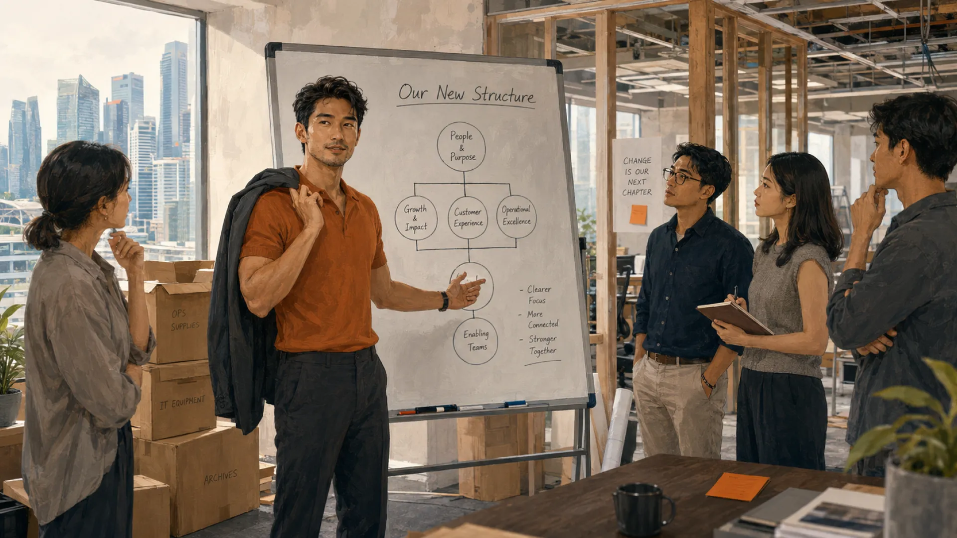 The Guide walking four colleagues through a new structure drawn on a whiteboard, packing boxes stacked around a half-cleared office