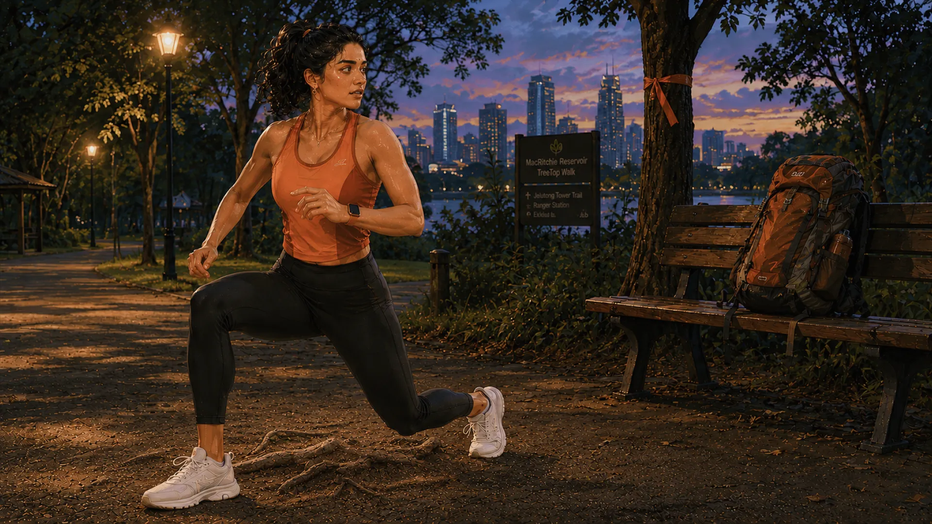 The Guide mid-lunge on a park trail at dusk, a trail signboard and a loaded backpack on the bench alongside