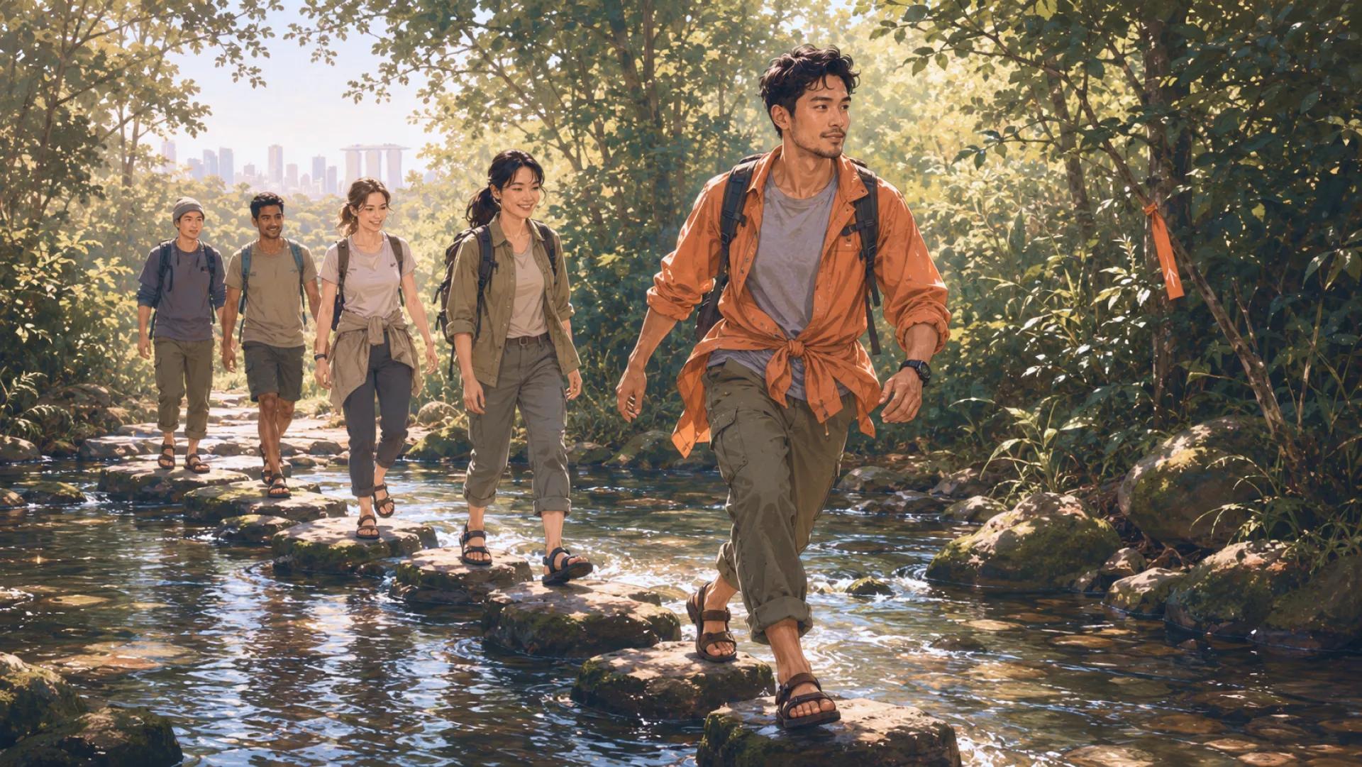 The Guide crossing a stream on stepping stones, four walkers following the same line behind