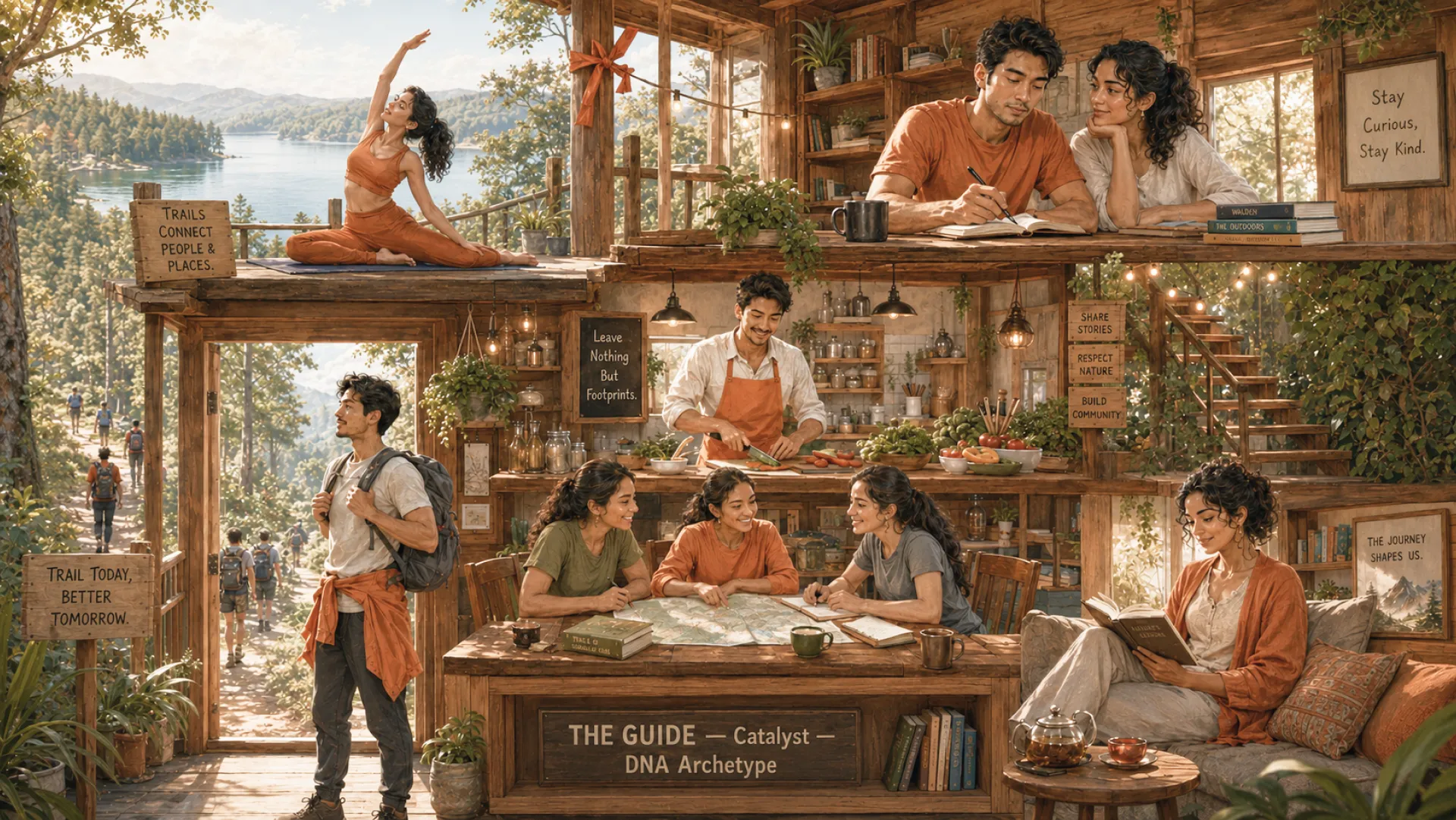 A cutaway of a trail lodge with the Guide in every room: stretching on the upper deck, writing at a desk, cooking, and reading a map with two others