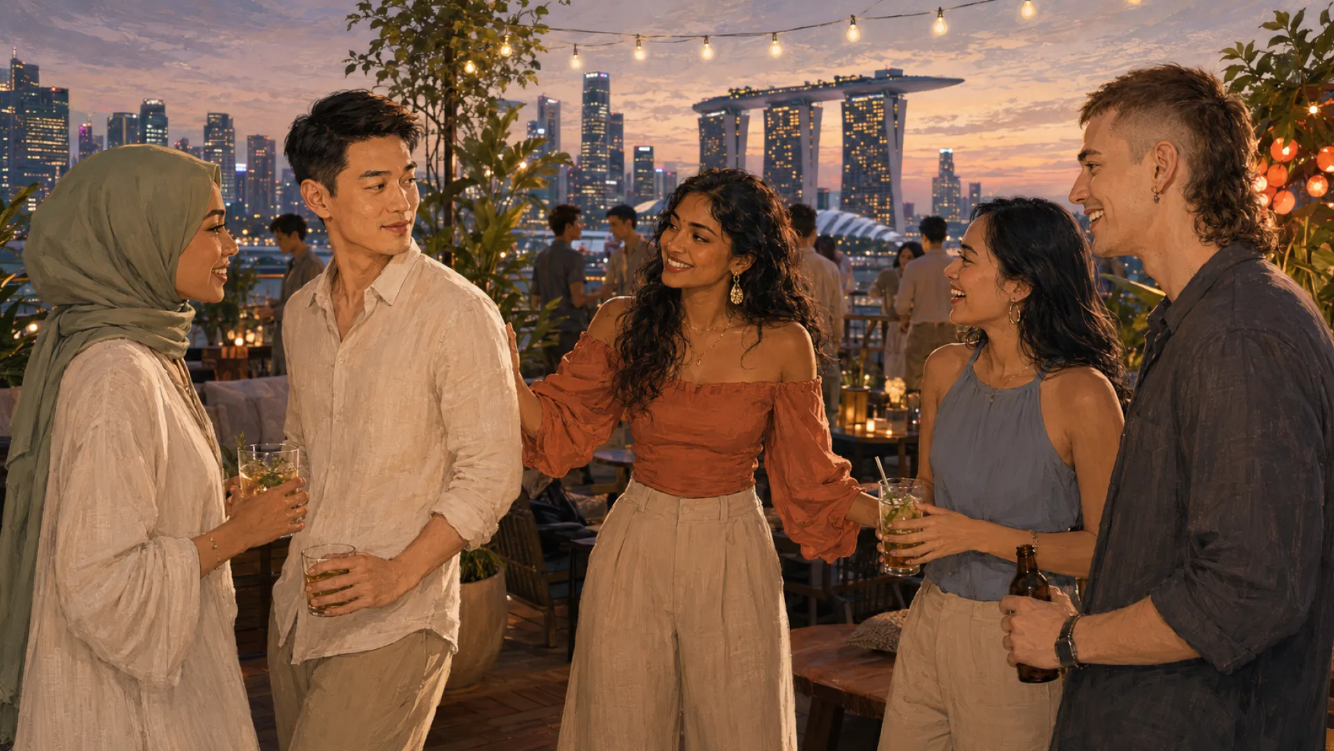 The Guide at a rooftop gathering at dusk, a hand on one shoulder, holding four others in the same conversation