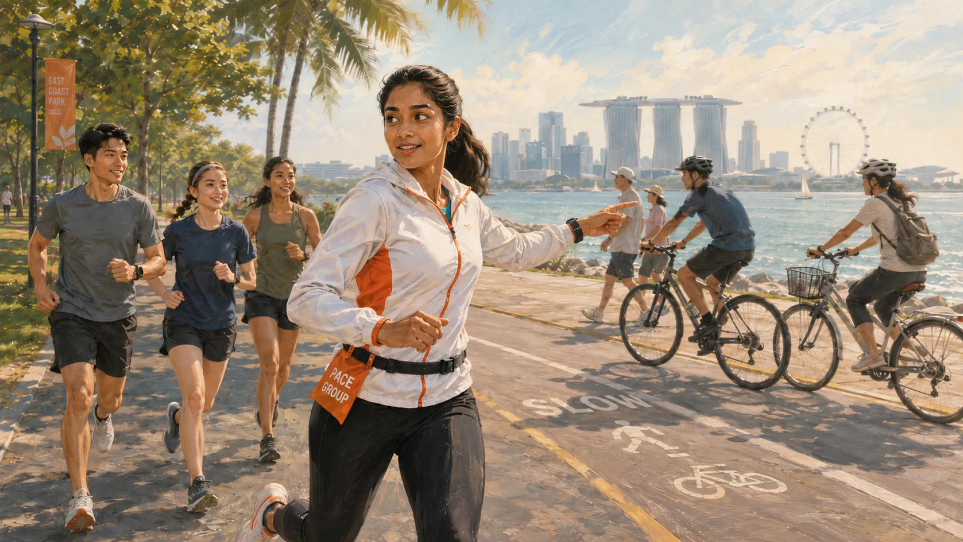 The Guide leading a pace group along a seafront path, pointing ahead while three runners follow