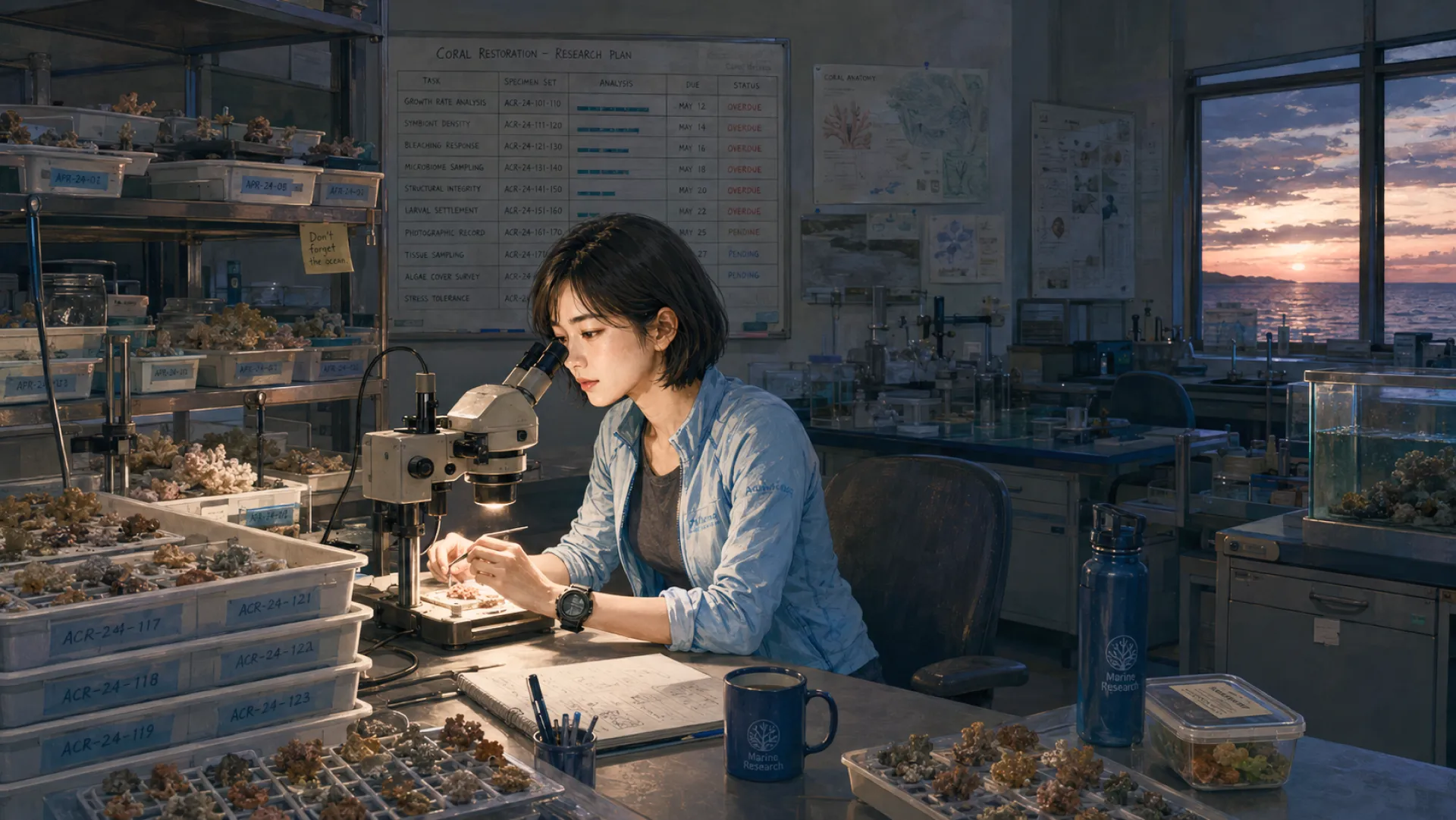 The Keeper still at the microscope at sunset, a board of overdue tasks on the wall behind and a mug at their elbow