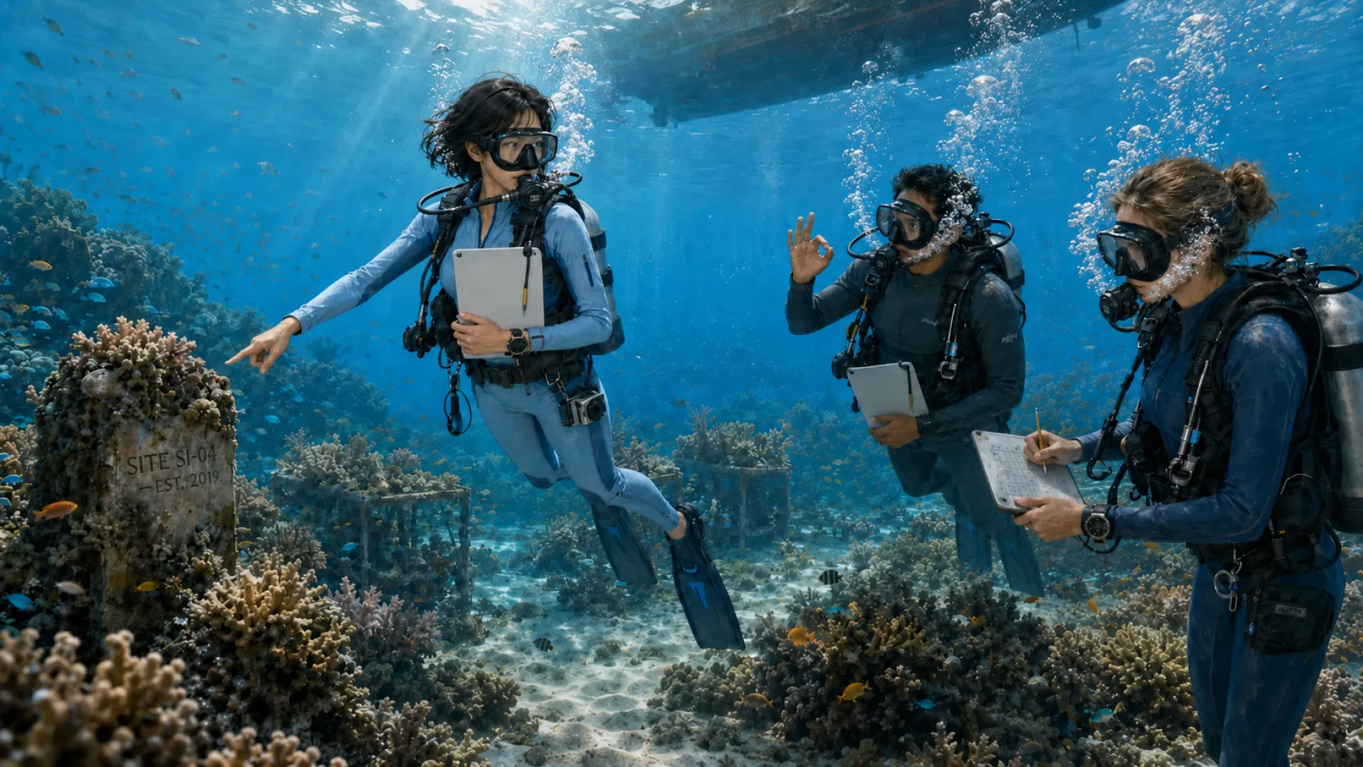 The Keeper on a reef survey pointing out a site marker stone dated 2019, while two divers alongside record the readings