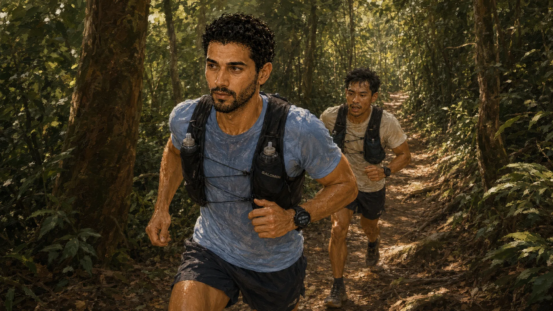 The Keeper running a shaded forest trail in a hydration vest, a second runner a few paces behind