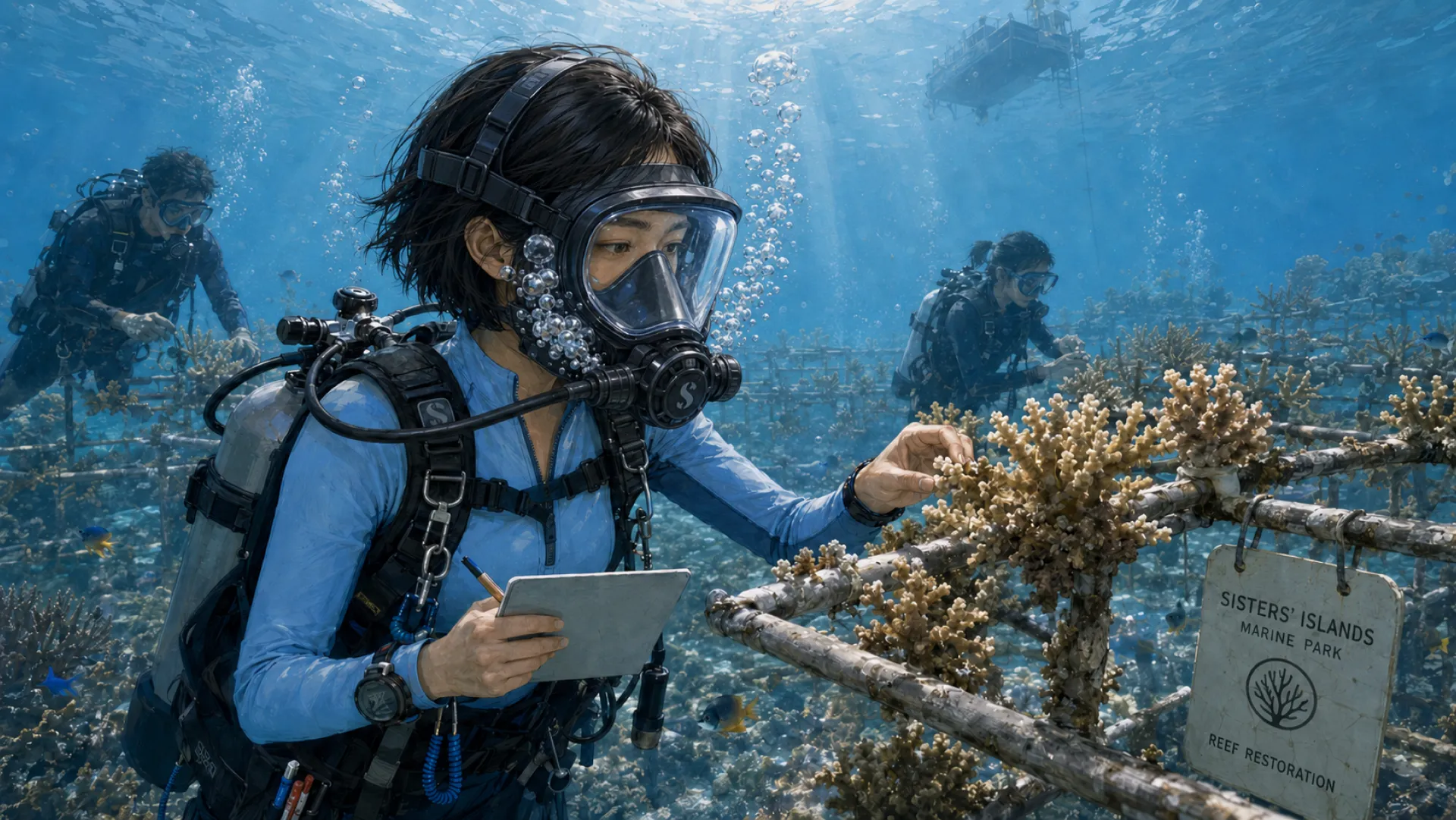 The Keeper checking a coral fragment on a nursery frame with a slate in one hand, two other divers working the rows behind