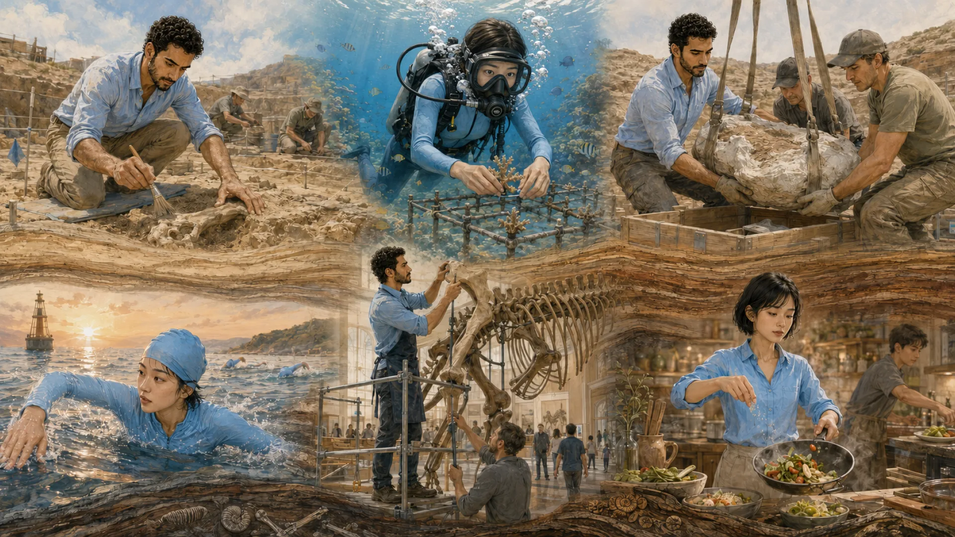 The Keeper in six scenes at once, divided by bands of rock: brushing a fossil at a dig, tending coral on a nursery frame, crating a wrapped find with a crew, swimming at sunrise, mounting a skeleton in a museum hall, and cooking at home