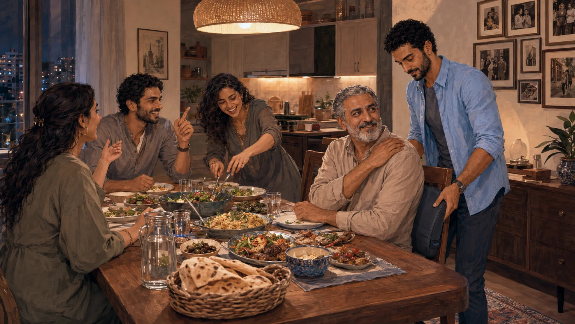 The Keeper standing at a crowded family dinner table, one hand on an older relative's shoulder while sliding a cushion in behind the chair