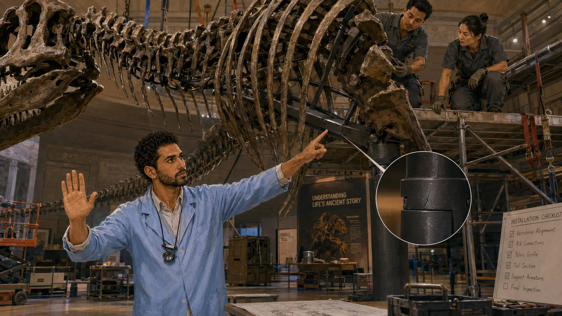 The Keeper halting an installation with a raised hand, pointing out a hairline crack in the support bracket holding a mounted skeleton