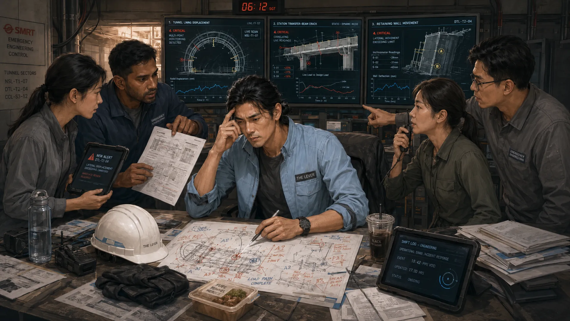 The Lever at a six in the morning incident table, pen resting on a marked-up drawing, while four colleagues push alerts and papers in from both sides