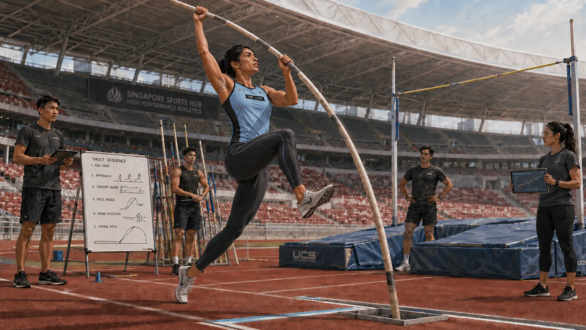 The Lever mid-vault on a bending pole at an athletics track, beside a board breaking the vault into approach, takeoff mark and pole angle