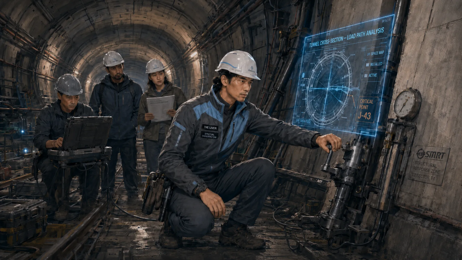 The Lever crouched in a rail tunnel with one hand on a hydraulic jack, beside a screen marking the load path and a single critical point