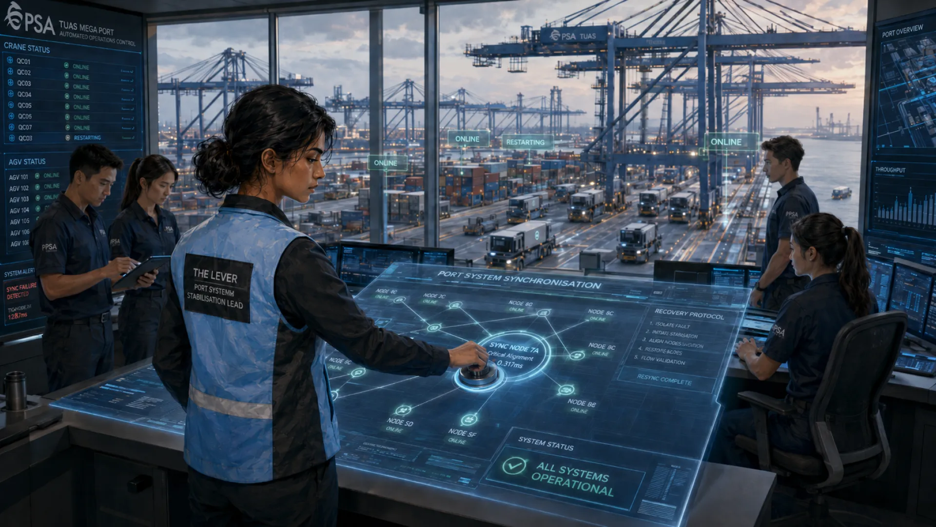 The Lever pressing one lit button at the centre of a port synchronisation table, with the container yard and cranes beyond the window