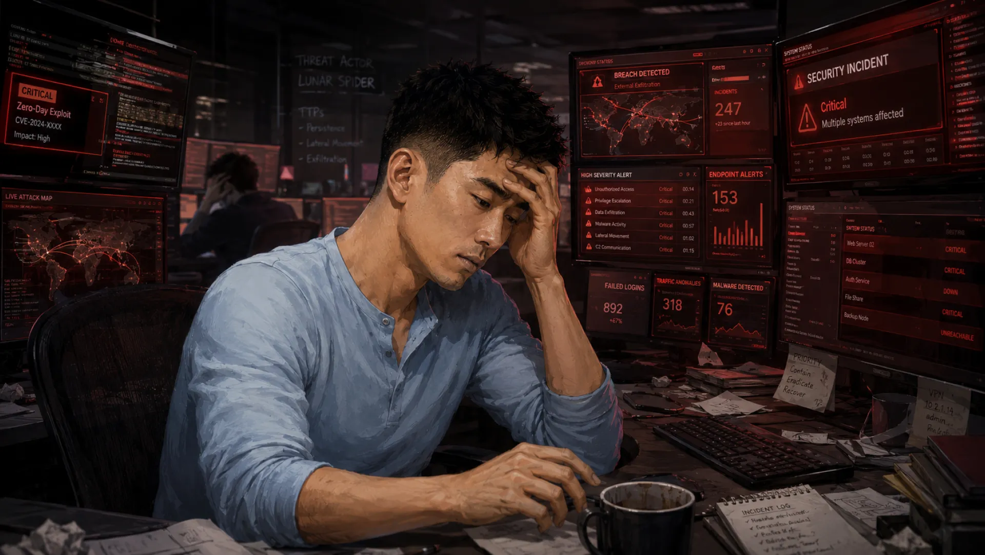 The Needle head in hand at a desk ringed by red alert screens all demanding attention at once