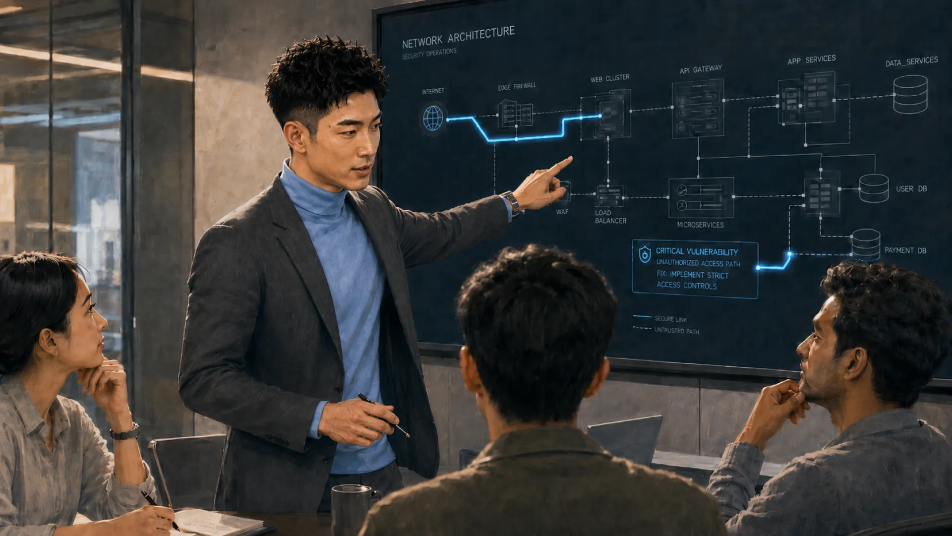 The Needle standing at a network architecture board, pointing out one flagged path to three seated colleagues