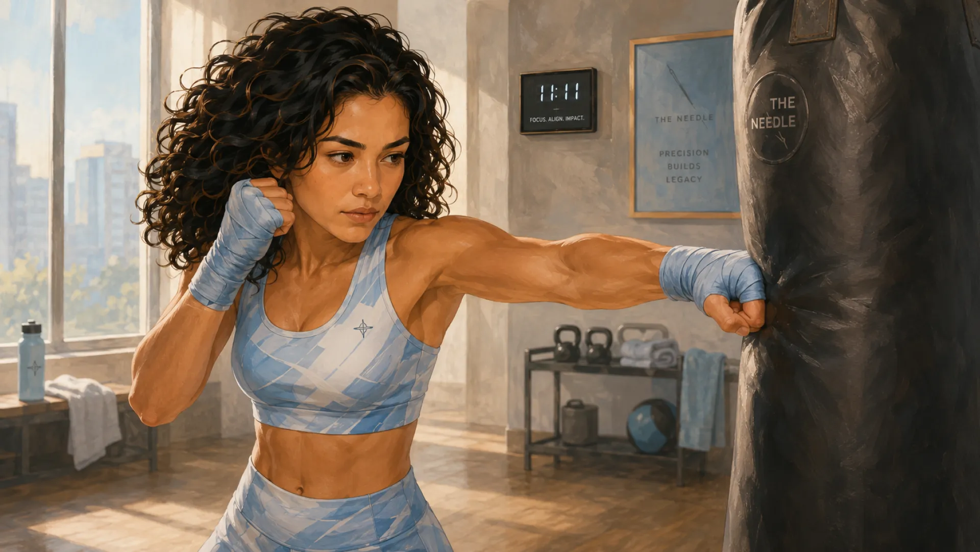 The Needle landing a straight punch on a heavy bag in a sunlit gym, hands wrapped