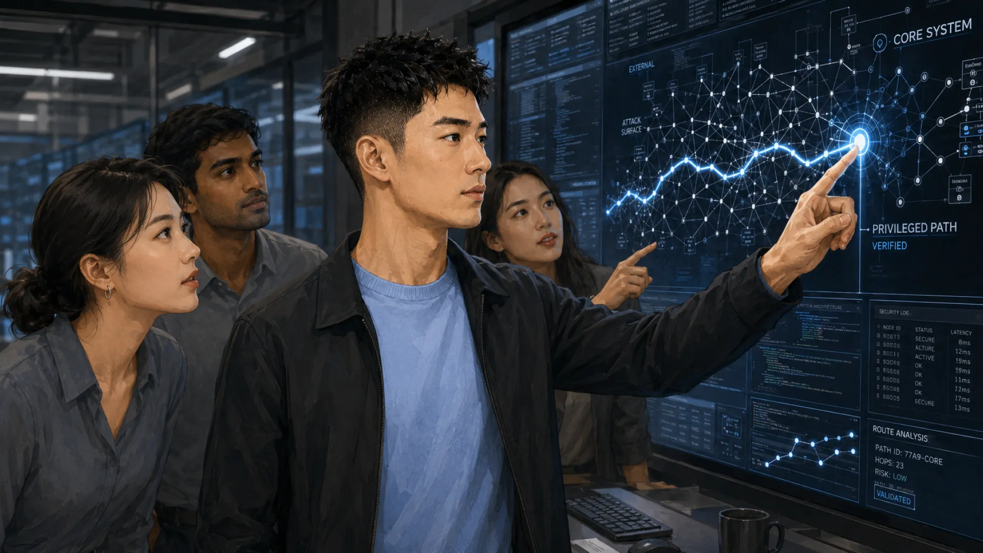 The Needle tracing a lit route across a network diagram while three colleagues watch the screen
