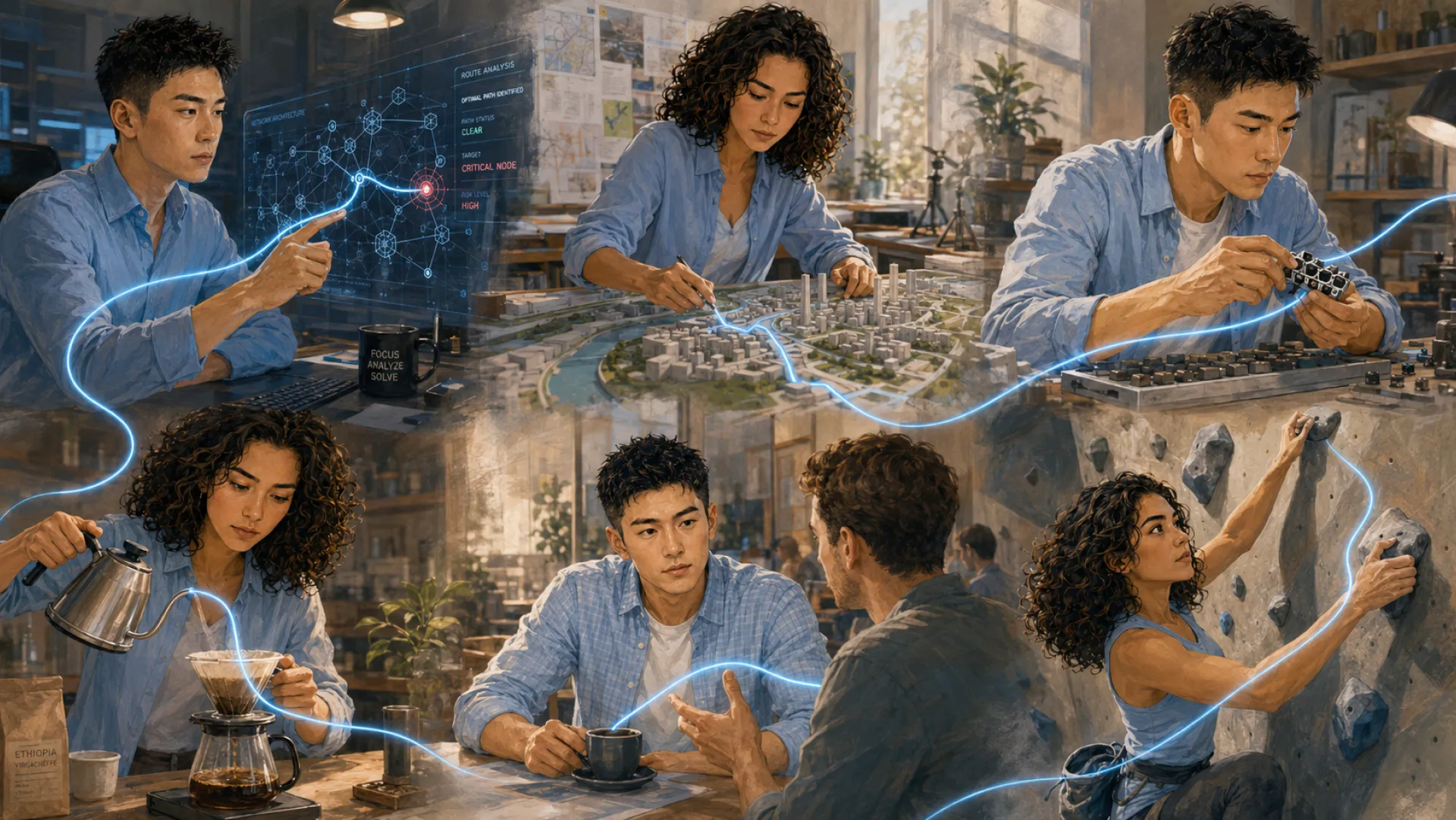 The Needle in six scenes joined by one blue line: a route screen, a scale model, a workbench, a pour-over, a conversation, a climbing wall