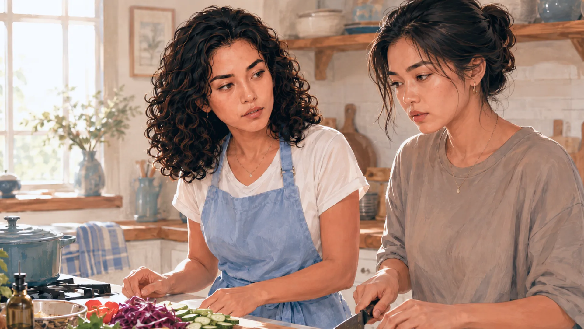 The Needle at a kitchen counter beside one other person, watching the board as they slice vegetables together