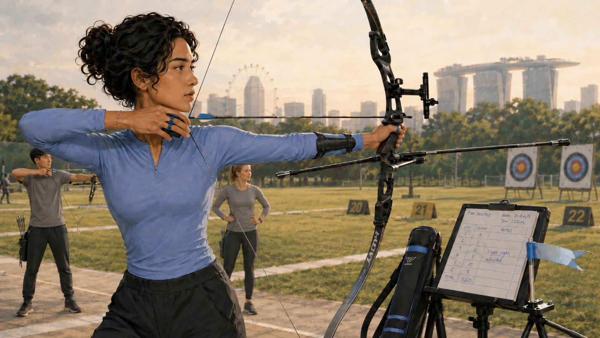 The Needle at full draw on an archery field, a scoring board on the shooting line and targets waiting downrange
