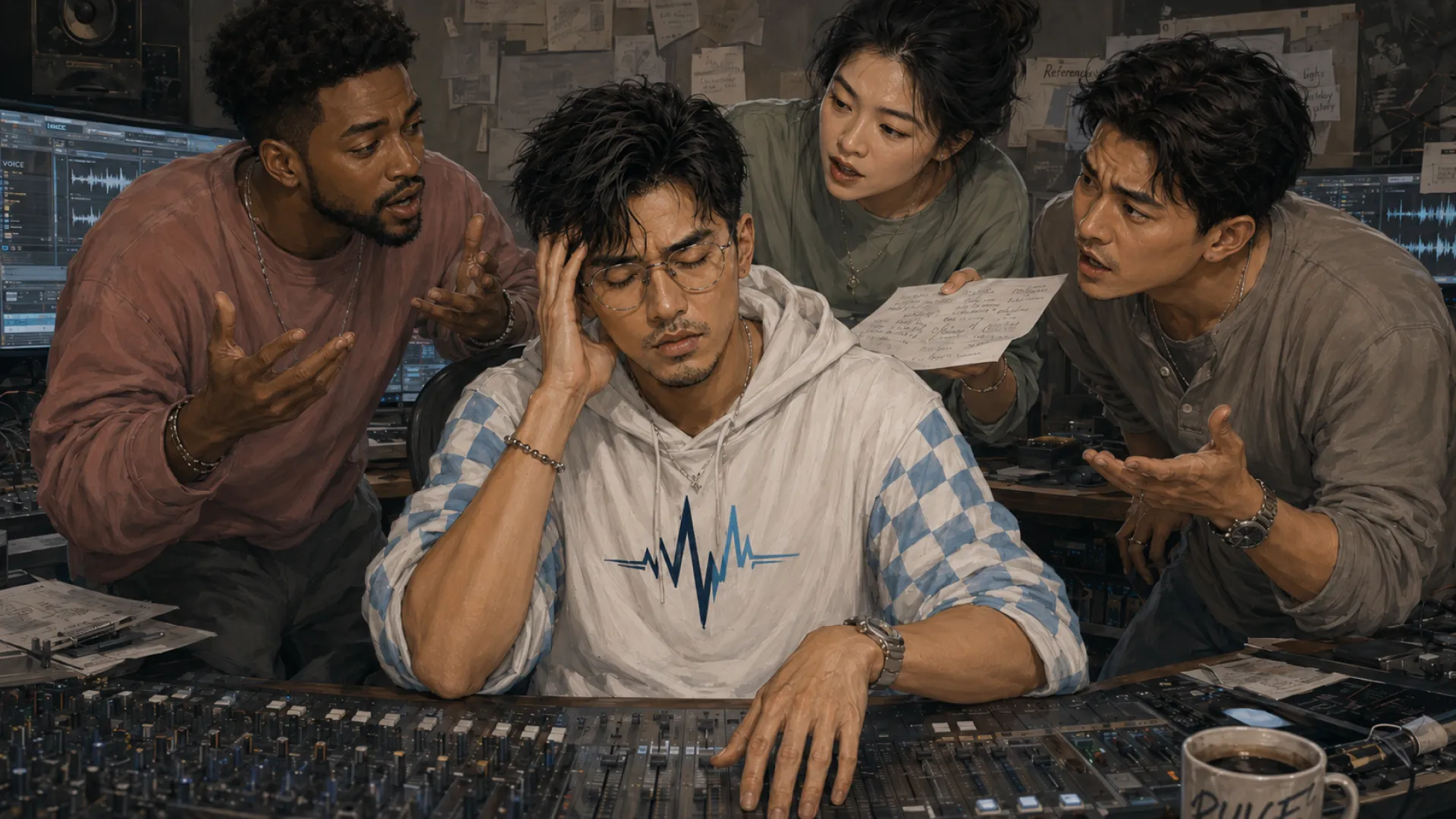 The Pulse at a studio mixing desk with eyes closed and a hand to the head, while three people talk at once over the console