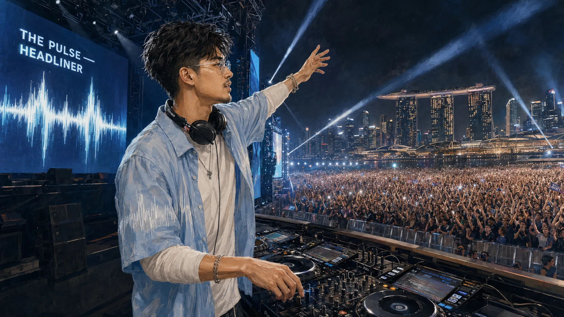 The Pulse on a festival stage with one arm raised, the screen behind reading THE PULSE HEADLINER above a waveform, a packed crowd below