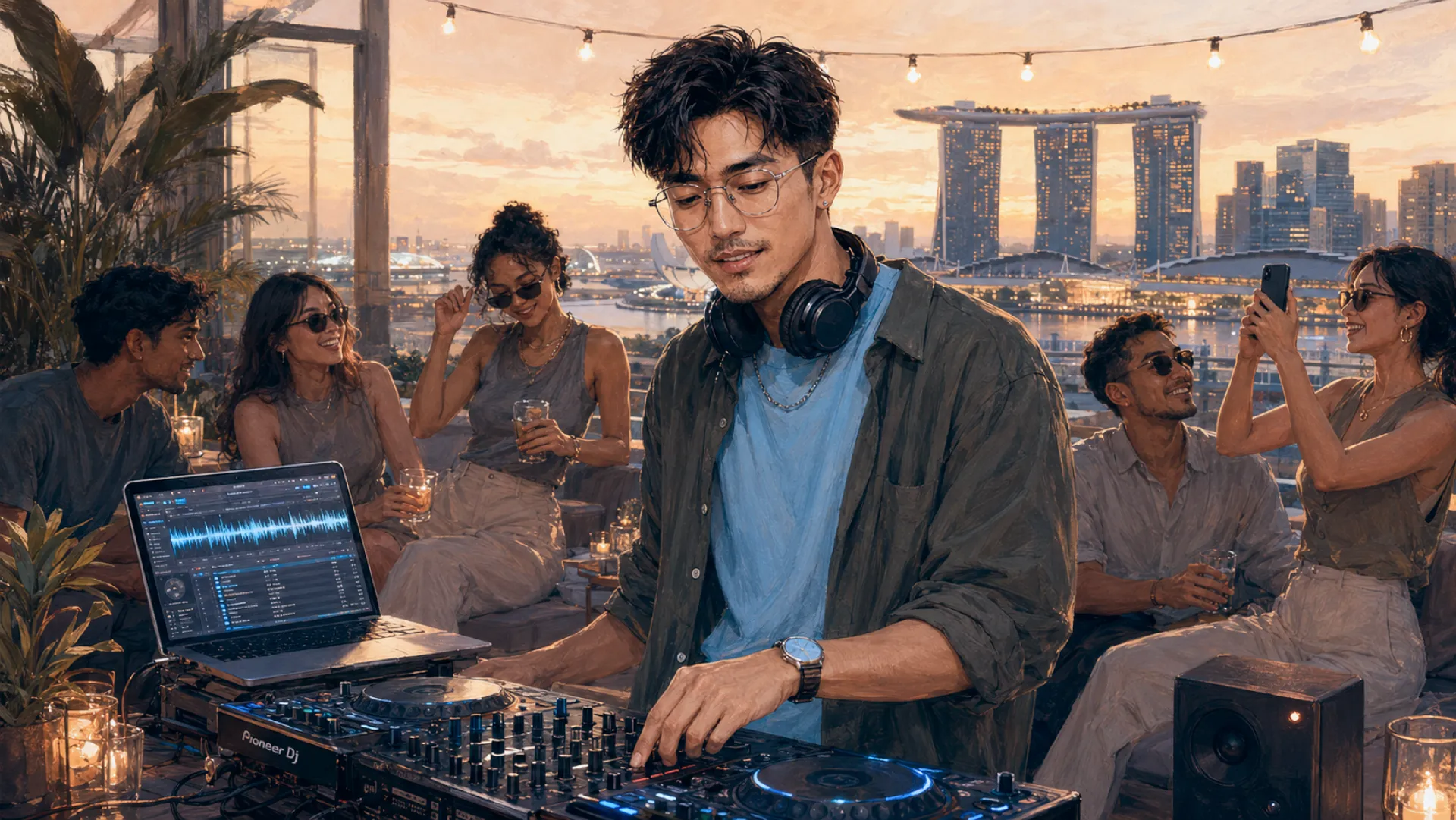 The Pulse at the decks on a rooftop at sunset, adjusting a fader while friends talk behind them and the bay skyline lights up